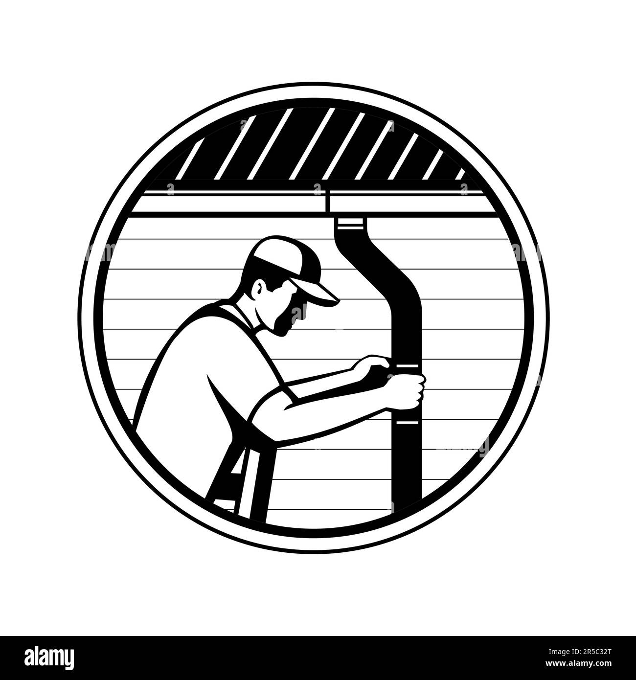 Illustration de style rétro d'un plombier de toit ou d'un entrepreneur de toit qui installe des gouttières, des tuyaux de descente sur une maison résidentielle ou des bâtiments commerciaux à l'intérieur d'un cercle Banque D'Images