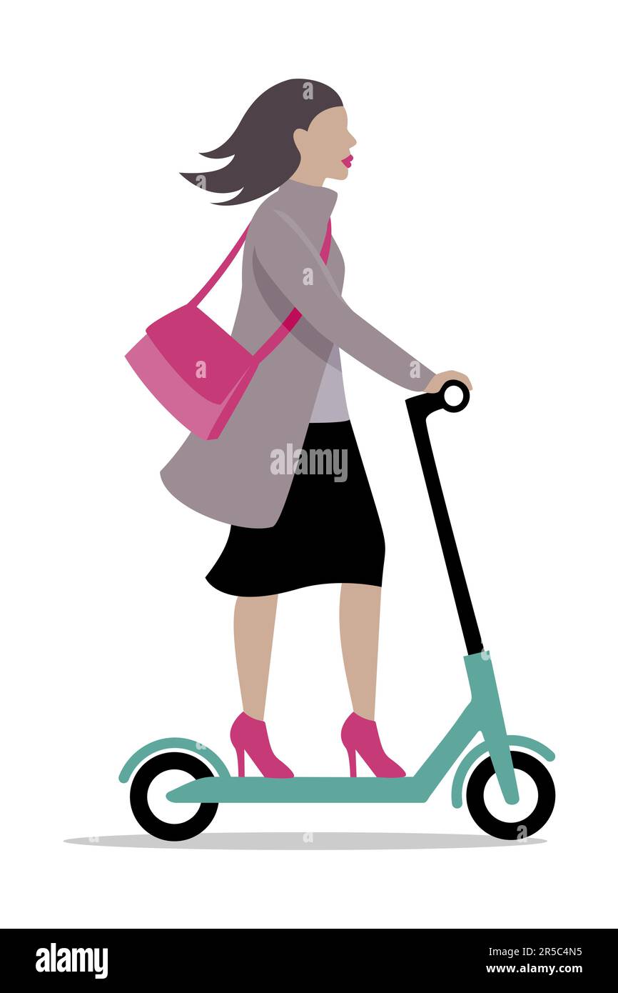 Dame en rose talons hauts de scooter électrique. Illustration de Vecteur