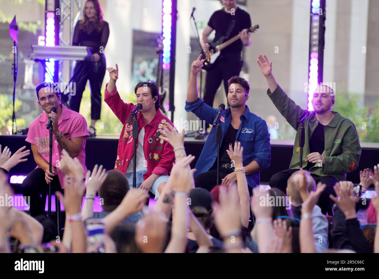 Big Time Rush members, from left, Carlos PenaVega, Logan Henderson, James Maslow and Kendall Schmidt perform on NBC's Today show at Rockefeller Plaza on Friday, June 2, 2023, in New York. (Photo by Charles Sykes/Invision/AP) Banque D'Images