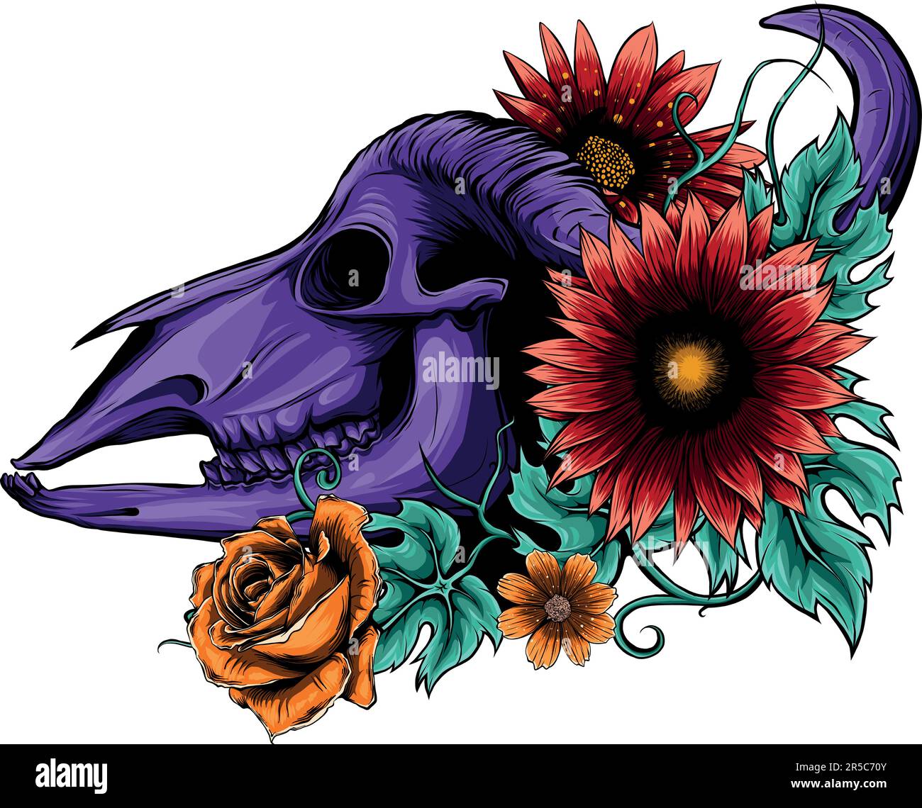 Illustration vectorielle du crâne de Buffalo et des fleurs Illustration de Vecteur