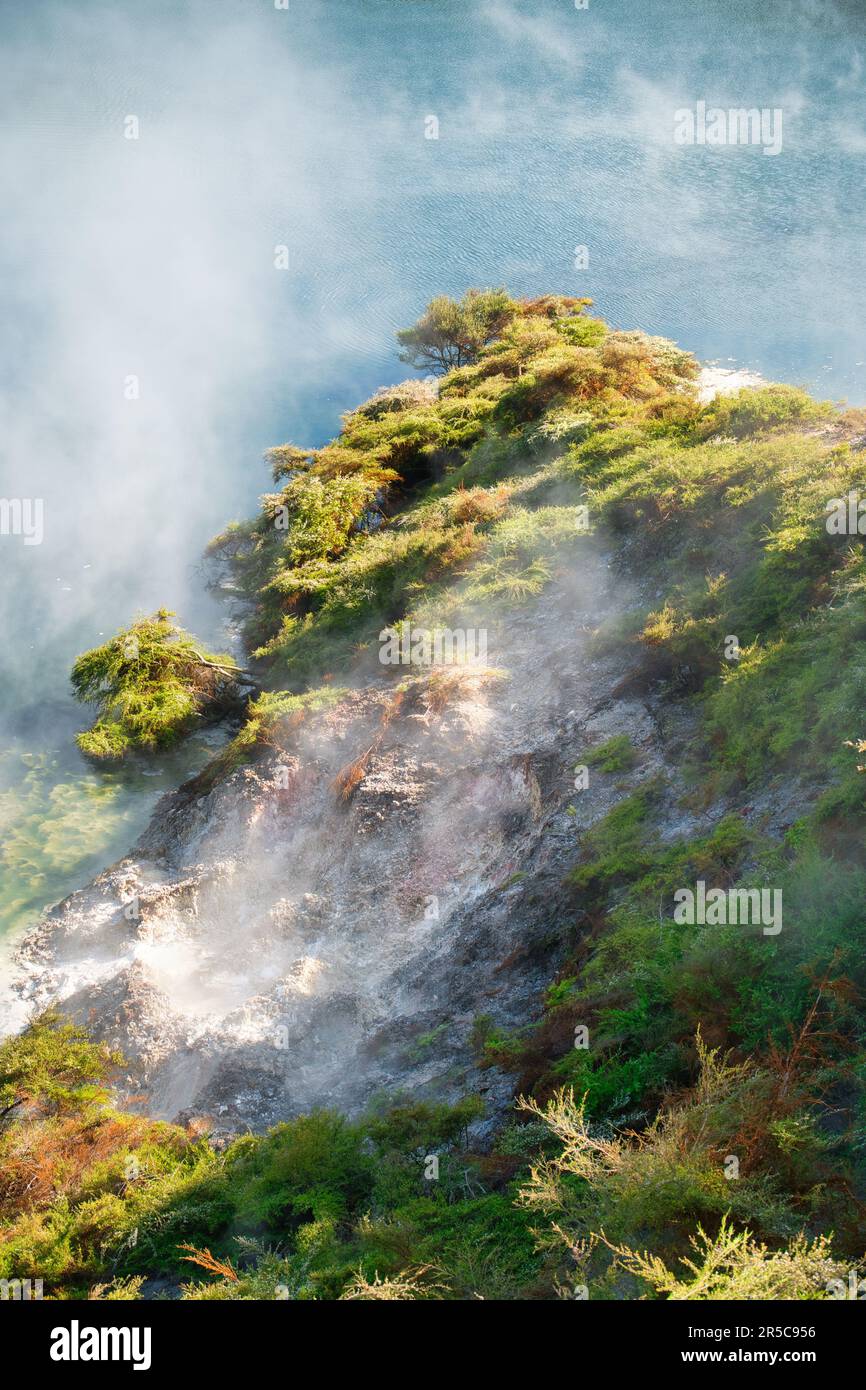 Un magnifique jet de vapeur qui s'élève au-dessus des montagnes dans la vallée volcanique de Waimangu, en Nouvelle-Zélande Banque D'Images