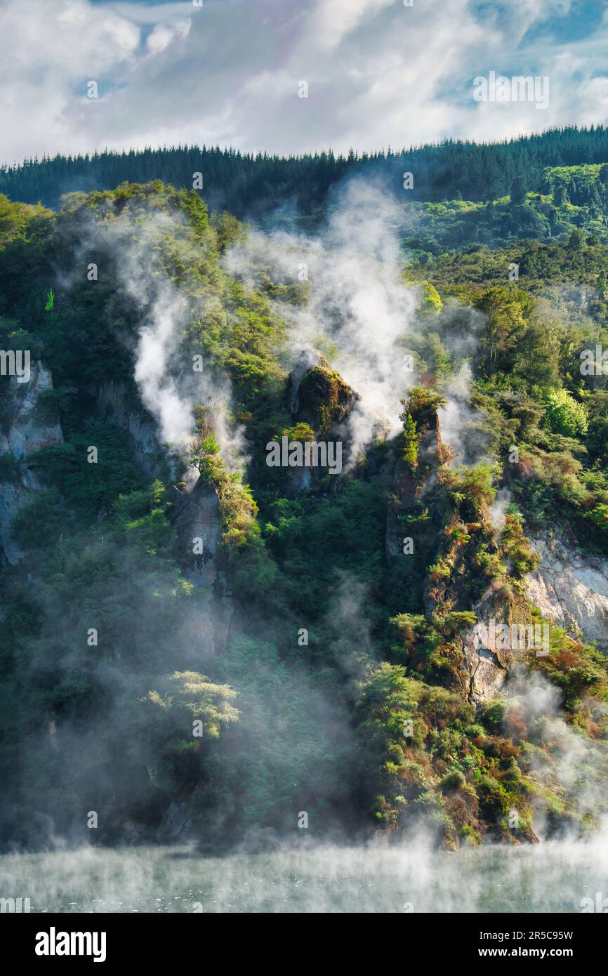 Un magnifique jet de vapeur qui s'élève au-dessus des montagnes dans la vallée volcanique de Waimangu, en Nouvelle-Zélande Banque D'Images