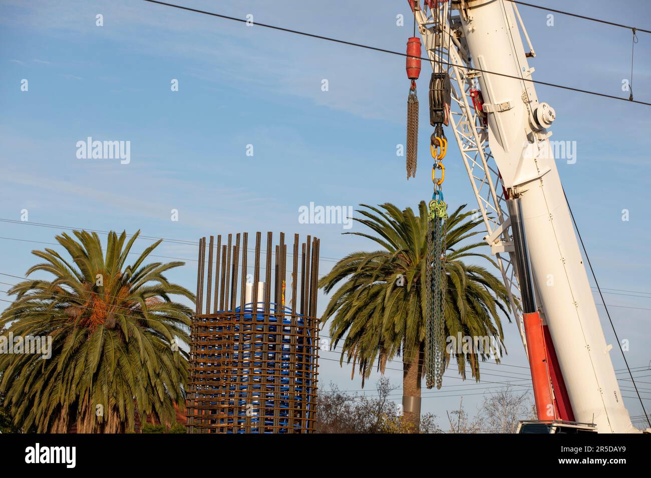Barres d'armature d'une semelle de pont ferroviaire en construction, avec une flèche de grue et deux palmiers. Banque D'Images