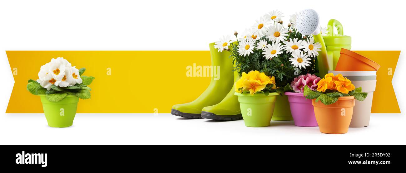 Équipement d'outils de jardinage, bannière avec espace de copie. Bottes en caoutchouc, marmites, marmites, fleurs et arrosoir peuvent être isolés sur fond blanc. Publicités pour les achats Banque D'Images