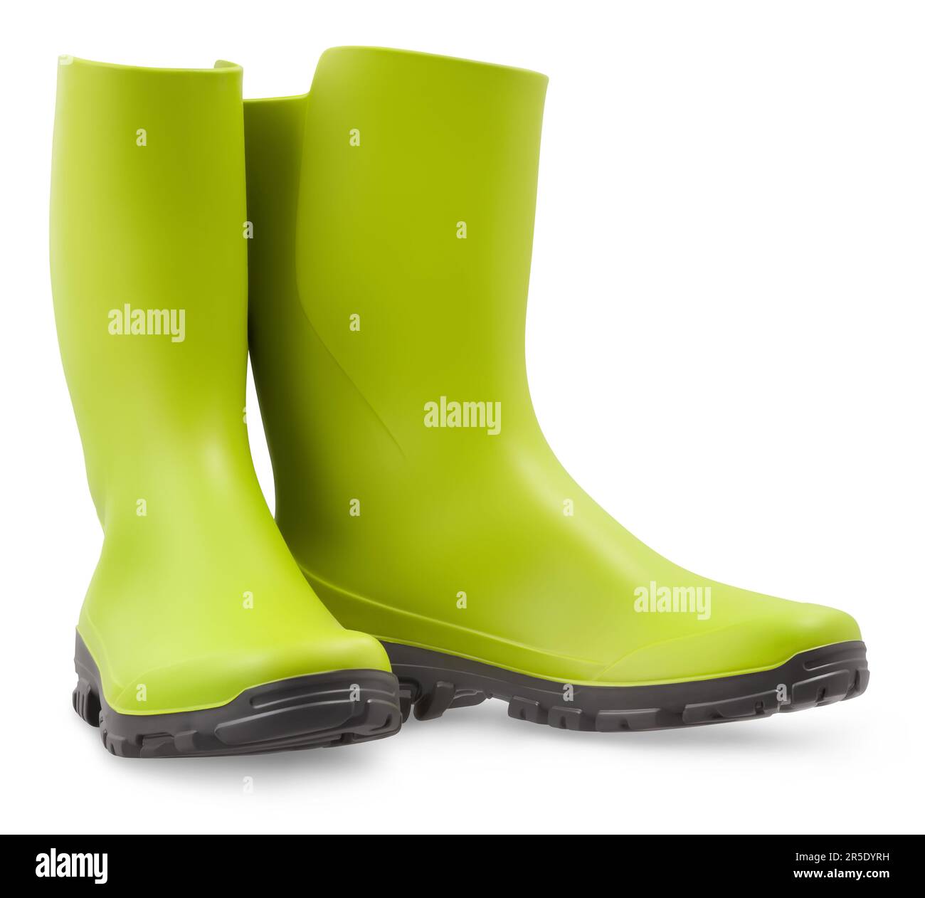 Bottes en caoutchouc vert matériel d'outils de jardinage. Concept de printemps pour le travail de jardin à domicile ou le jardin potager et le soin des plantes. Également utile pour la pluie. Vue avant Banque D'Images