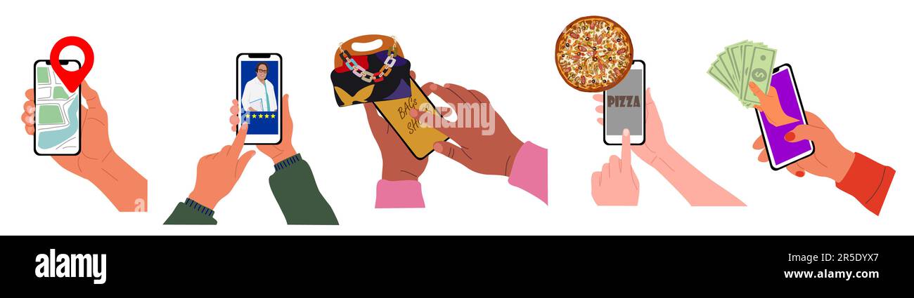 Jeu de mains tenant les smartphones différentes applications. Illustration de Vecteur