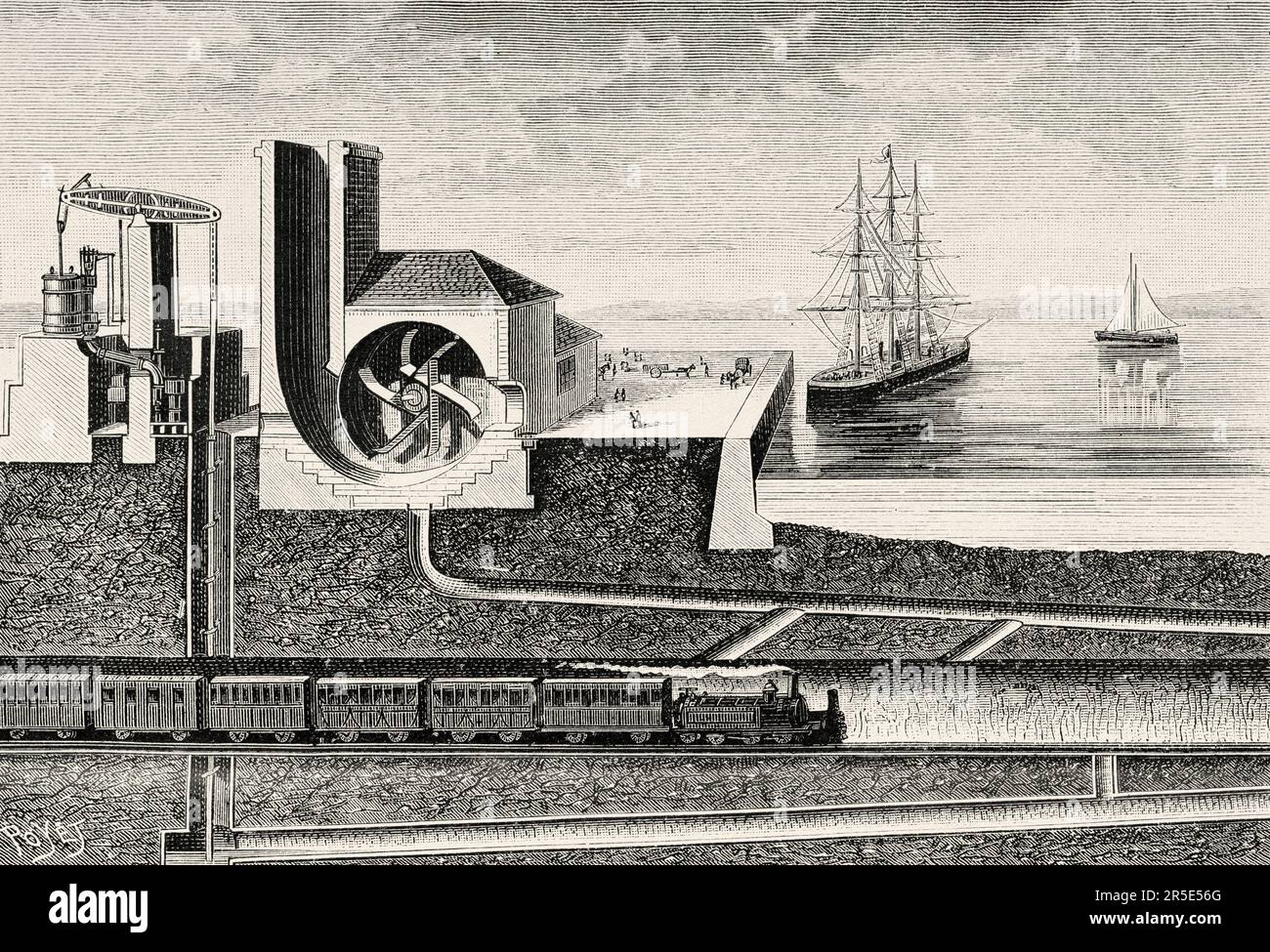 Entrée au tunnel Mersey avec le design des galeries d'évacuation et de ventilation, Liverpool. Angleterre. Ancienne gravure du 19th siècle de la nature 1887 Banque D'Images