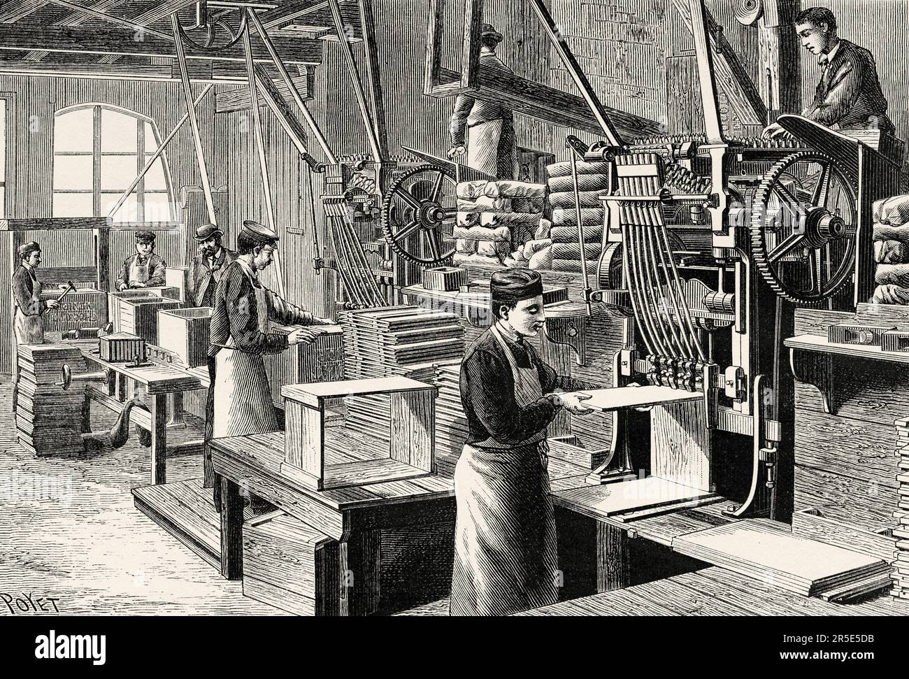Machines de clouage des caisses dans les ateliers de construction de l'usine de Noisiel. Ancienne gravure du 19th siècle de la nature 1887 Banque D'Images