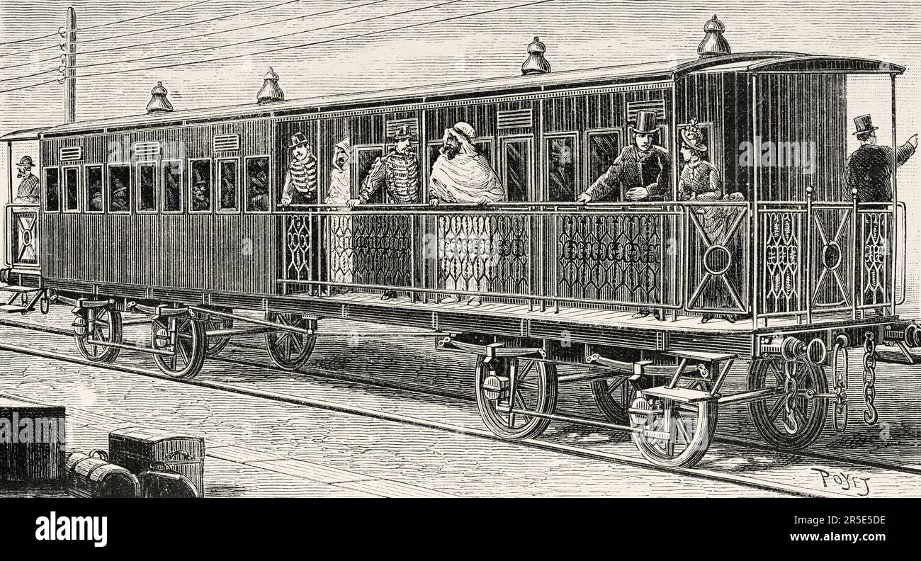 Wagon de chemin de fer avec couloir extérieur de la compagnie de chemin de fer Bone et Guelma, Algérie. Afrique. Ancienne gravure du 19th siècle de la nature 1887 Banque D'Images