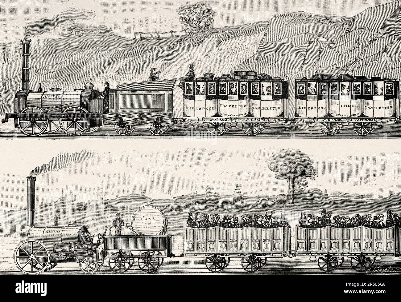 Locomotives à vapeur entre Liverpool et Manchester en 1831, en Angleterre. Ancienne gravure du 19th siècle de la nature 1887 Banque D'Images