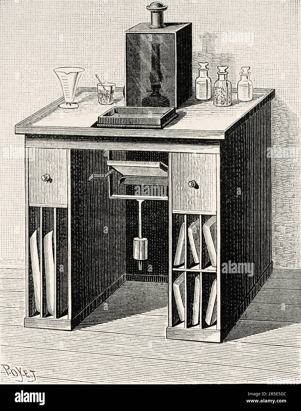 Laboratoire de photographie, fin du 19th siècle. Ancienne gravure du 19th siècle de la nature 1887 Banque D'Images