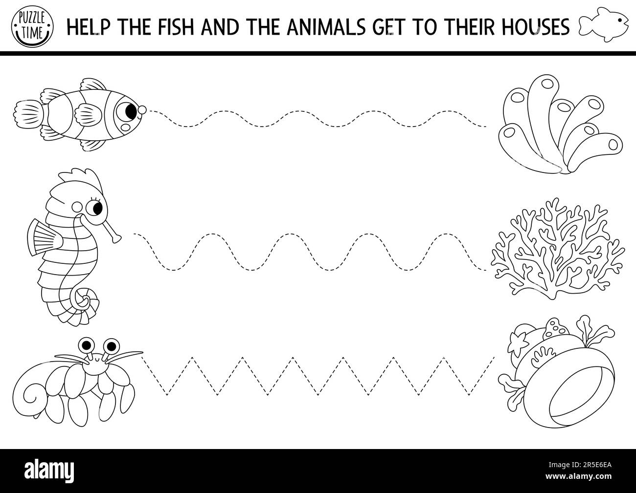 Vector sous la feuille de travail pratique de l'écriture manuscrite en mer. Ocean Life imprimable activité en noir et blanc pour les enfants d'âge préscolaire. Jeu de traçage pour l'écriture sk Illustration de Vecteur