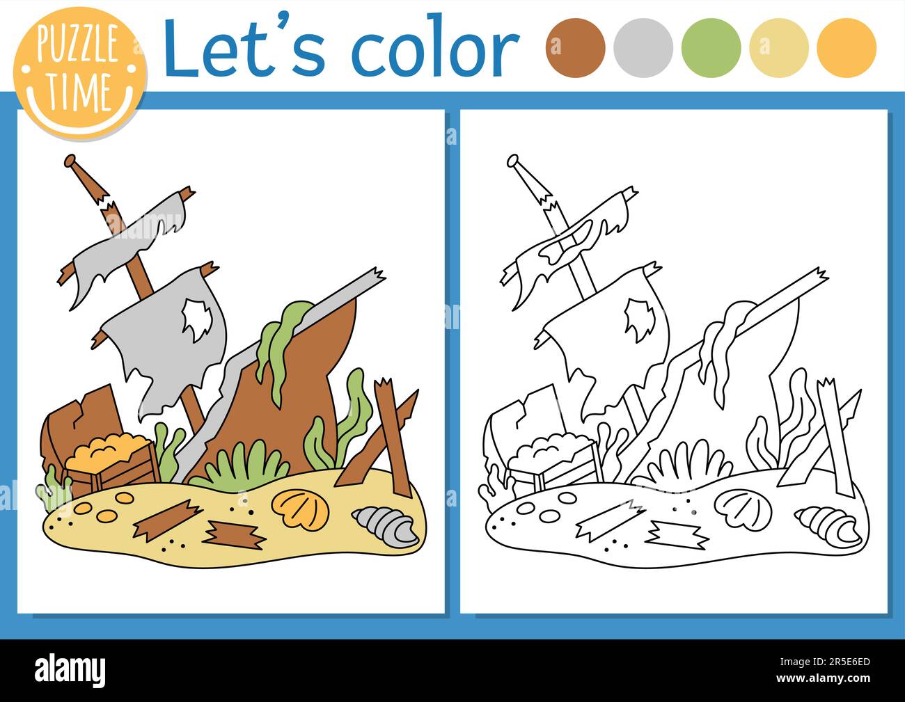 Sous la page de coloriage de la mer pour les enfants avec navire naufragé. Illustration vectorielle de la vie océanique avec bateau en ruines. Livre de couleurs pour enfants avec de la couleur Illustration de Vecteur