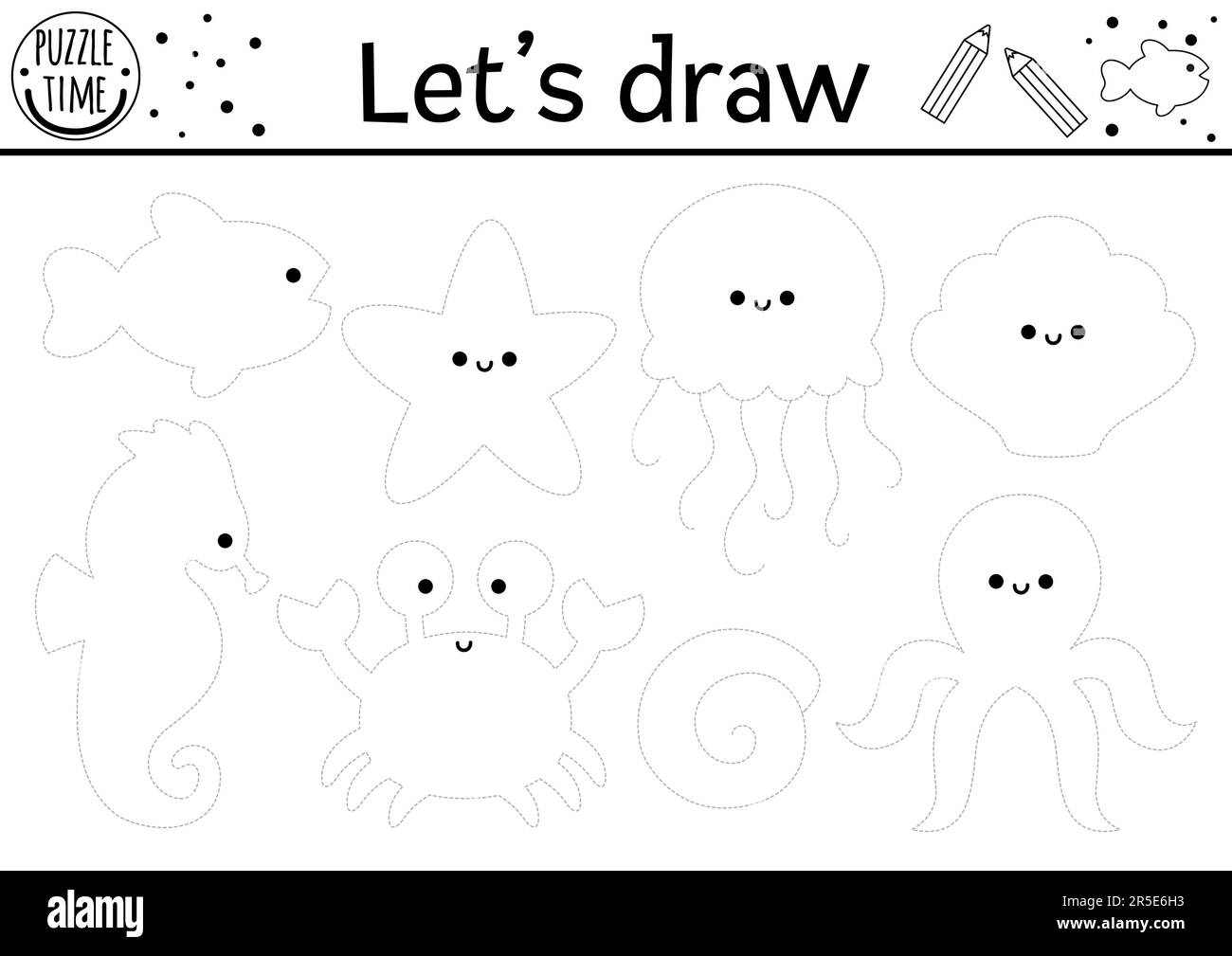 Retracez l'image des animaux aquatiques. Feuille de travail pratique de dessin vectoriel sous la mer. Activité imprimable en noir et blanc pour les enfants. pag. Coloriage Ocean Life Illustration de Vecteur