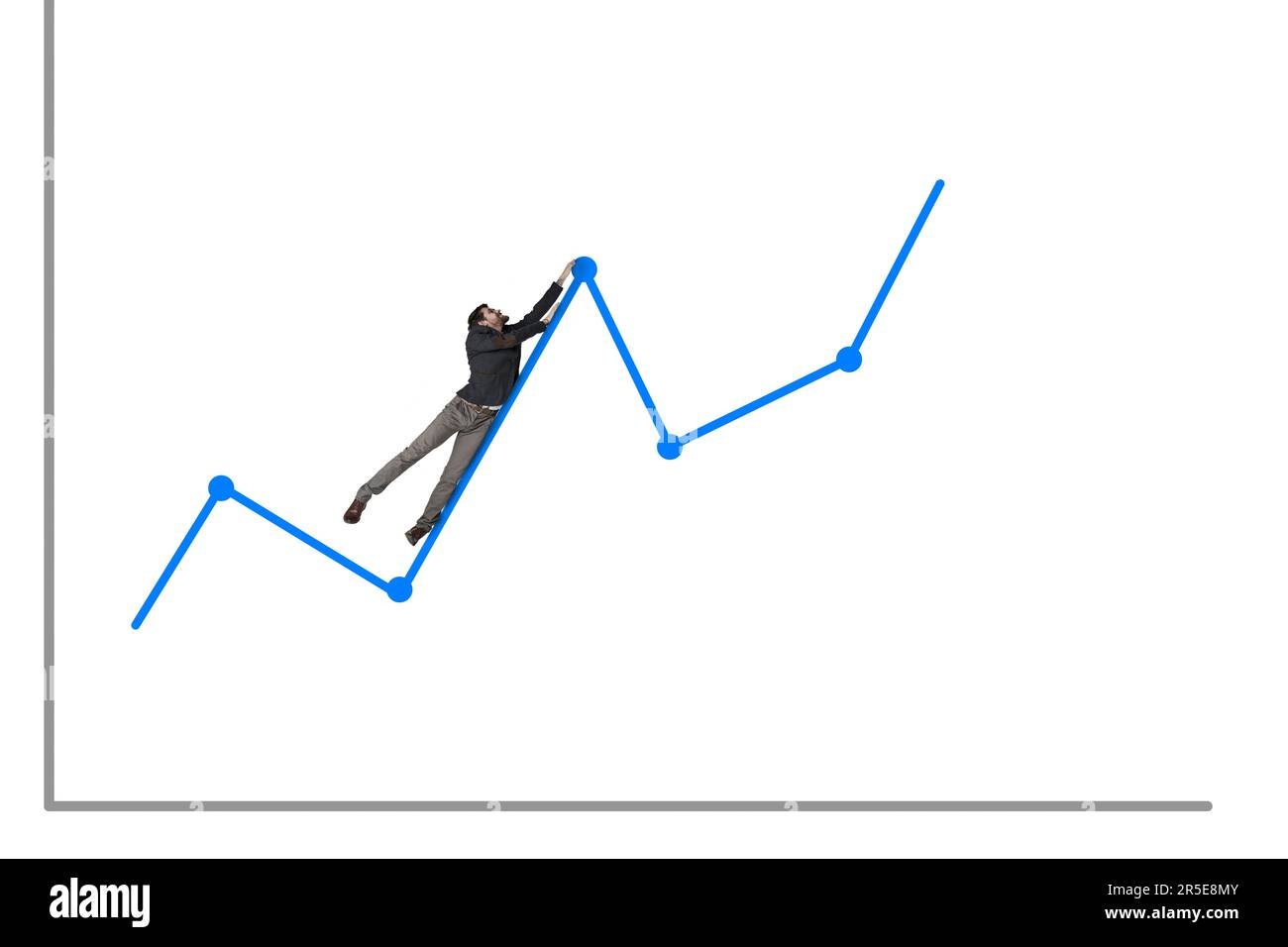 Un investissement risqué peut se transformer en un tour de montagnes russes. un homme d'affaires accroché à un graphique montant sur fond blanc. Banque D'Images