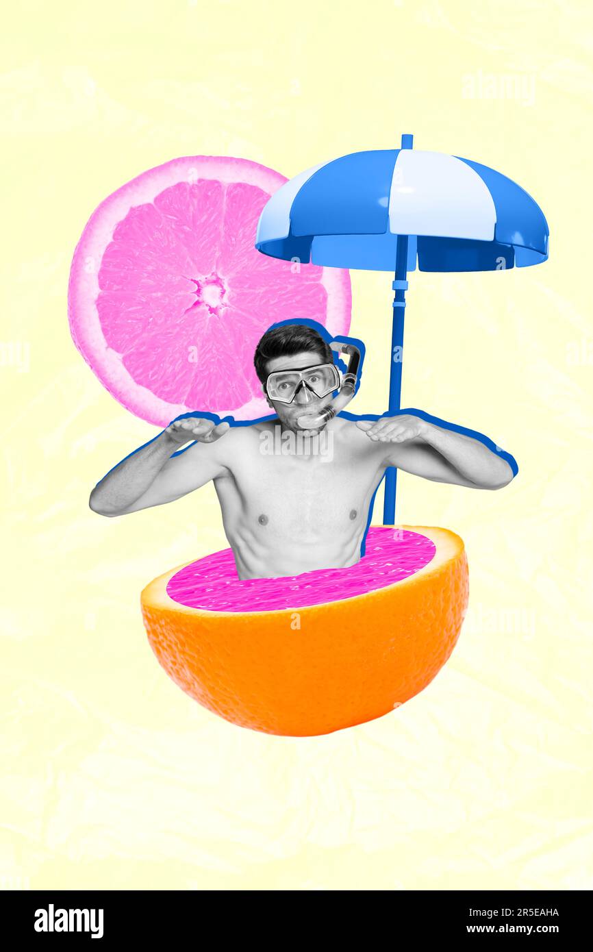 Bannière image poster collage de type nageur entraînement plongée sous-marine dans la piscine en forme de mandarin de station d'été Banque D'Images