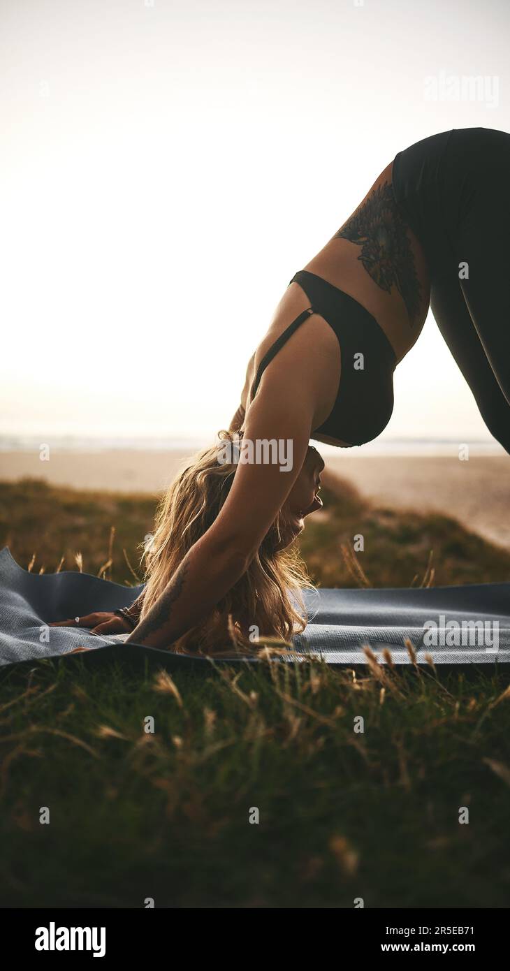 Le yoga vous apprend à écouter votre corps. une jeune femme attirante tenant une position de chien face vers le bas pendant une séance de yoga à l'extérieur. Banque D'Images