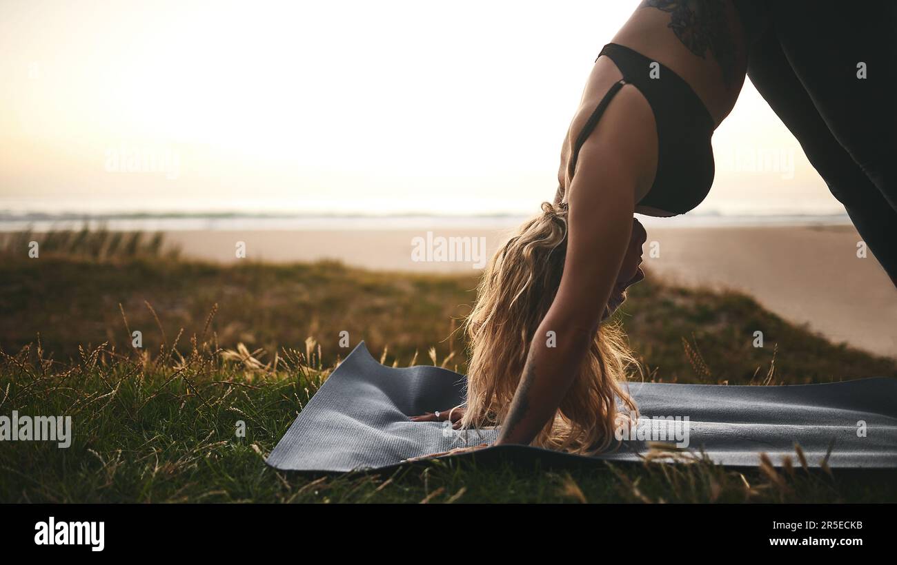 Gardez le calme et faites le yoga. une jeune femme attirante tenant une position de chien face vers le bas pendant une séance de yoga à l'extérieur. Banque D'Images