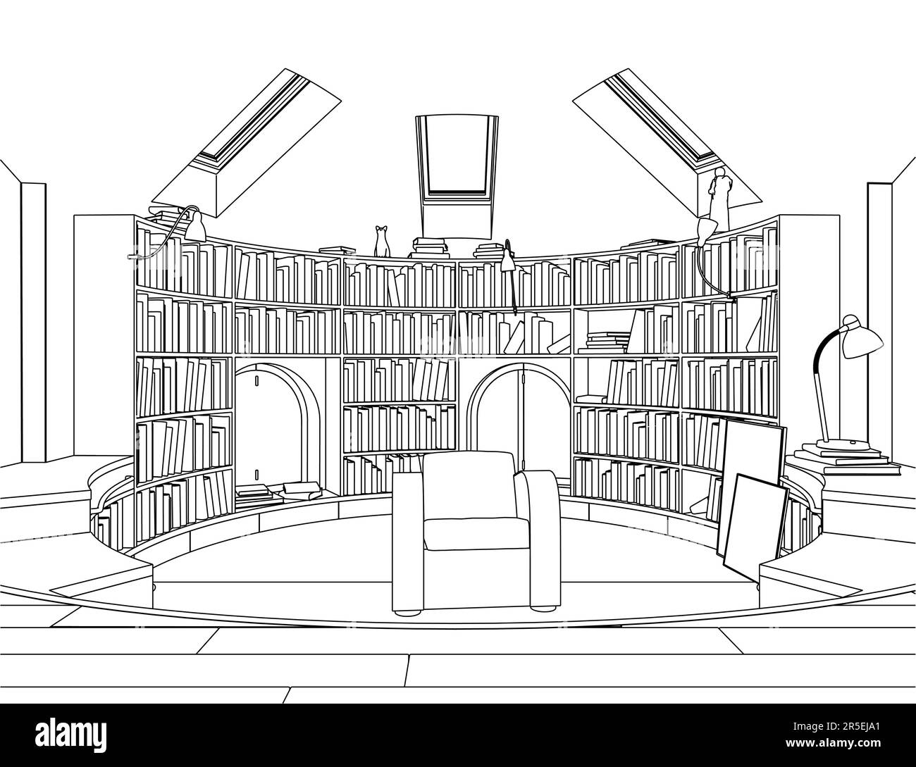 Contour d'une bibliothèque avec beaucoup de livres avec un fauteuil de lignes noires isolées sur un fond blanc. Bibliothèque de cercles. 3D. Illustration vectorielle. Illustration de Vecteur