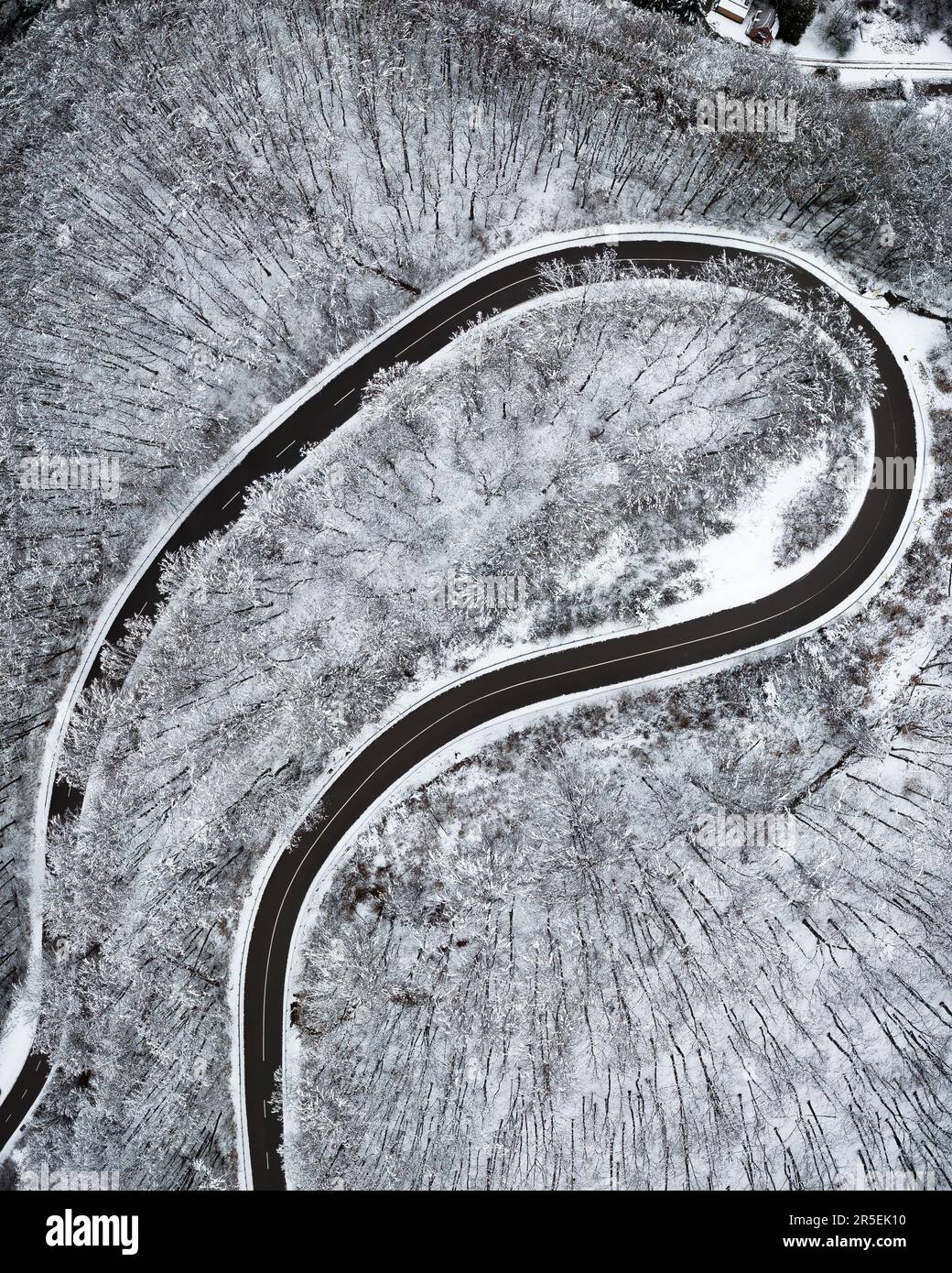 Routes d'hiver sinueuses depuis une vue plongeante. Cette route est dans une forêt. Paysage enneigé incroyable d'en haut Banque D'Images