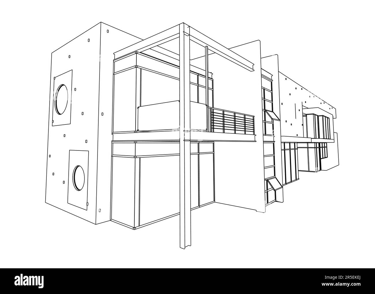 Contour d'un cottage de deux étages de luxe de lignes noires isolées sur un fond blanc. Vue en perspective. 3D. Illustration vectorielle. Illustration de Vecteur