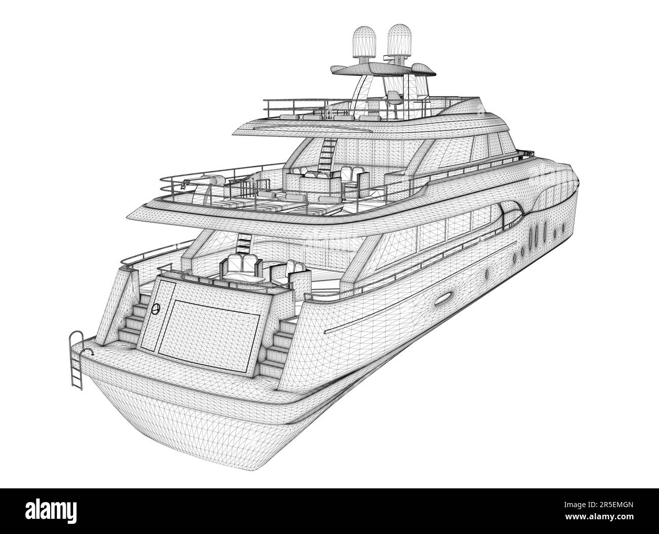 Image filaire d'un grand yacht de luxe à partir de lignes noires isolées sur un fond blanc. Vue arrière. 3D. Illustration vectorielle. Illustration de Vecteur