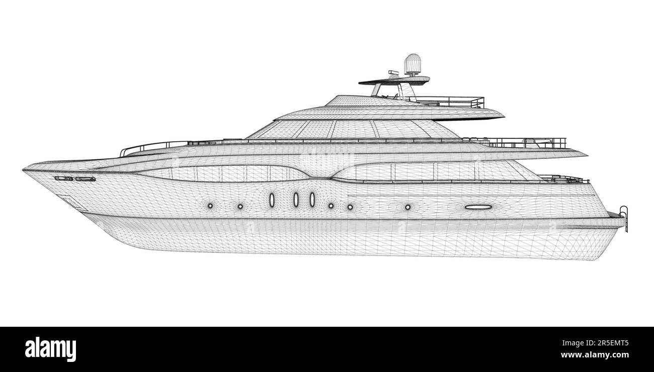 Image filaire d'un grand yacht de luxe à partir de lignes noires isolées sur un fond blanc. Vue latérale. 3D. Illustration vectorielle. Illustration de Vecteur