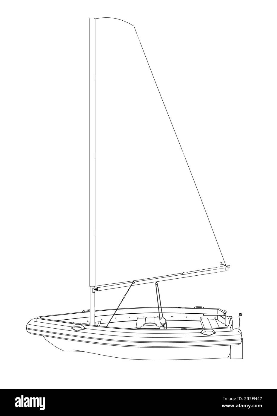 Contour d'un petit bateau avec une voile faite de lignes noires isolées sur un fond blanc. Vue latérale. 3D. Illustration vectorielle. Illustration de Vecteur