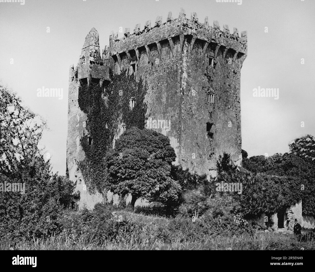 Vue de la fin du 19th siècle du château de Blarney, bastion médiéval, qui a vu de nombreuses actions militaires à Blarney, comté de Cork, Irlande. Il a été construit vers 1446 par la dynastie MacCarthy de Muskerry, une branche des Rois de Desmond. Au sommet du château se trouve la Pierre d'Éloquence, mieux connue sous le nom de Pierre de Blarney; les touristes visitant le château peuvent pendre à l'envers sur une simple goutte pour embrasser la pierre, qui est dit pour donner le cadeau de l'éloquence. Banque D'Images