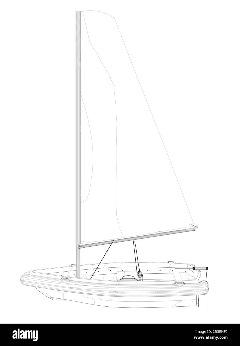 Contour d'un petit bateau avec une voile faite de lignes noires isolées sur un fond blanc. Vue latérale. 3D. Illustration vectorielle. Illustration de Vecteur