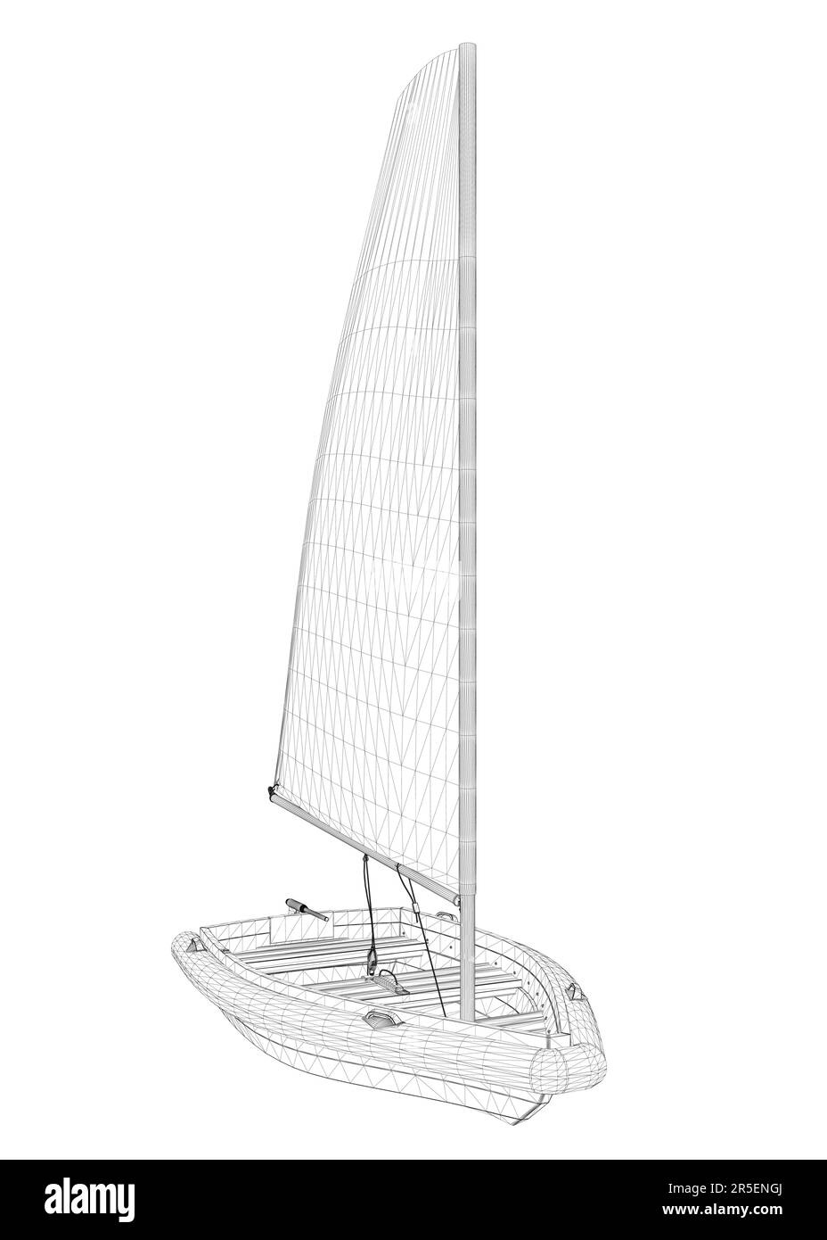 Image filaire d'un petit bateau avec une voile faite de lignes noires isolées sur un fond blanc. Vue avant. 3D. Illustration vectorielle. Illustration de Vecteur