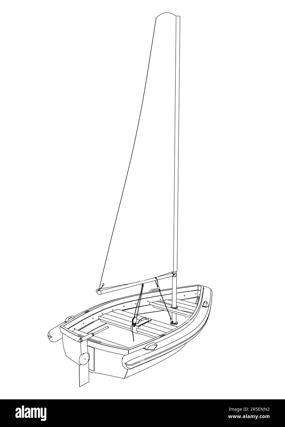 Contour d'un petit bateau avec une voile faite de lignes noires isolées sur un fond blanc. Vue arrière. 3D. Illustration vectorielle. Illustration de Vecteur