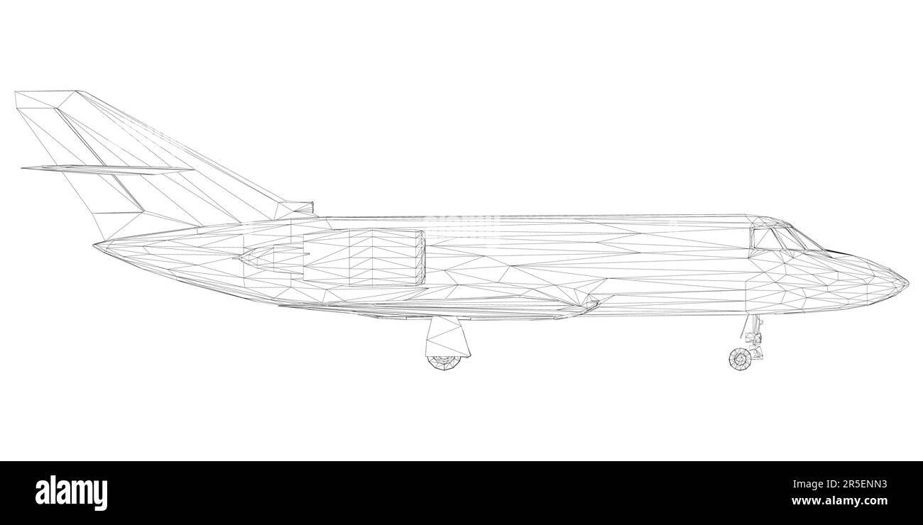 Élément filaire de l'avion passager à partir de lignes noires isolées sur fond blanc. Vue latérale. 3D. Illustration vectorielle. Illustration de Vecteur