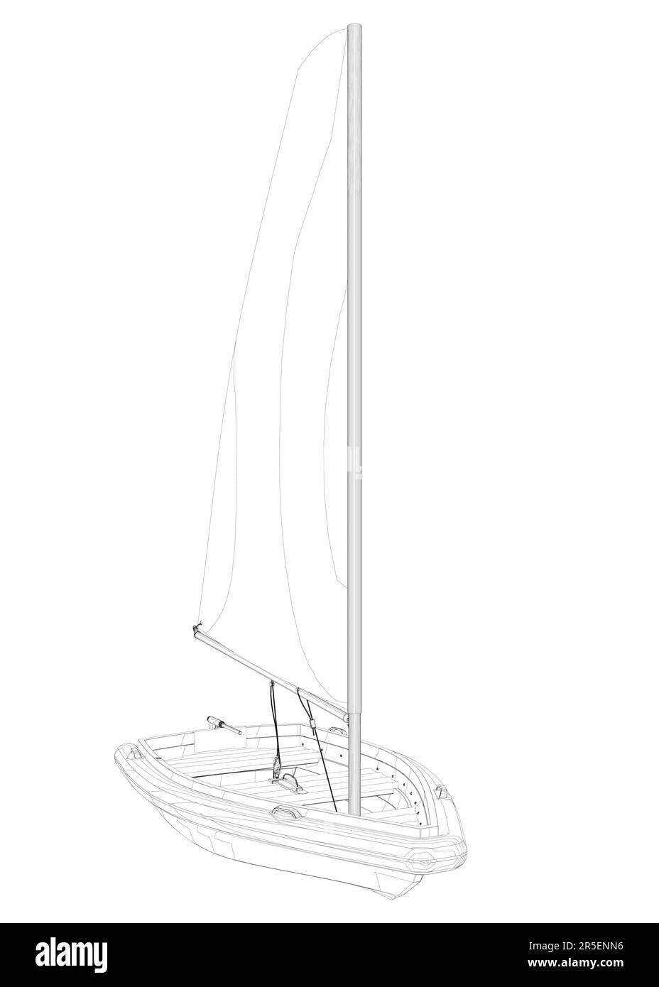 Contour d'un petit bateau avec une voile faite de lignes noires isolées sur un fond blanc. Vue avant. 3D. Illustration vectorielle. Illustration de Vecteur