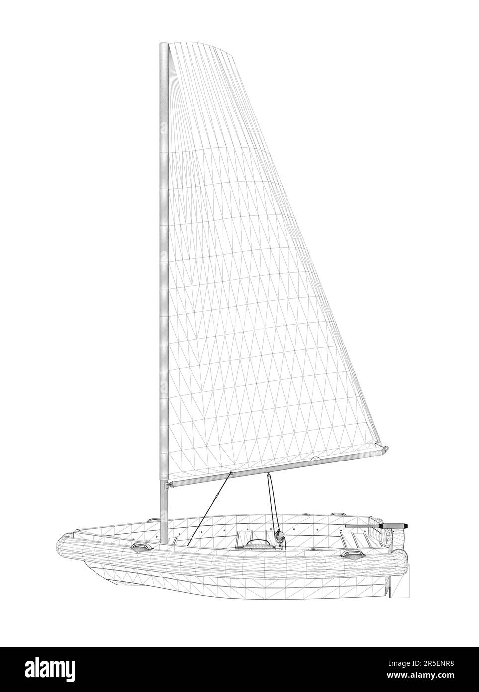 Image filaire d'un petit bateau avec une voile faite de lignes noires isolées sur un fond blanc. Vue latérale. 3D. Illustration vectorielle. Illustration de Vecteur