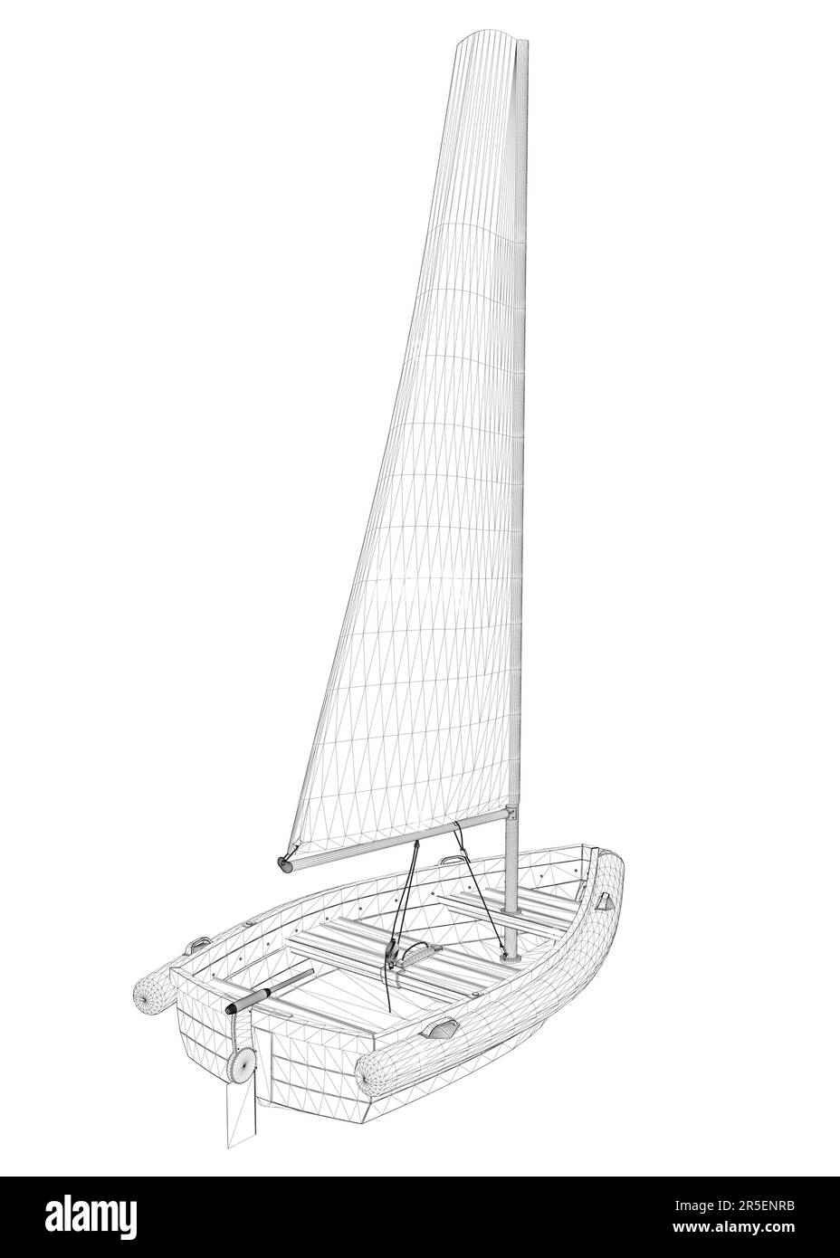 Image filaire d'un petit bateau avec une voile faite de lignes noires isolées sur un fond blanc. Vue arrière. 3D. Illustration vectorielle. Illustration de Vecteur