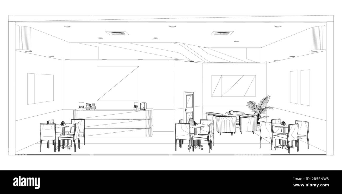 Le contour des locaux du café avec des tables et la réception de lignes noires isolées sur un fond blanc. Vue avant. 3D. Illustration vectorielle. Illustration de Vecteur