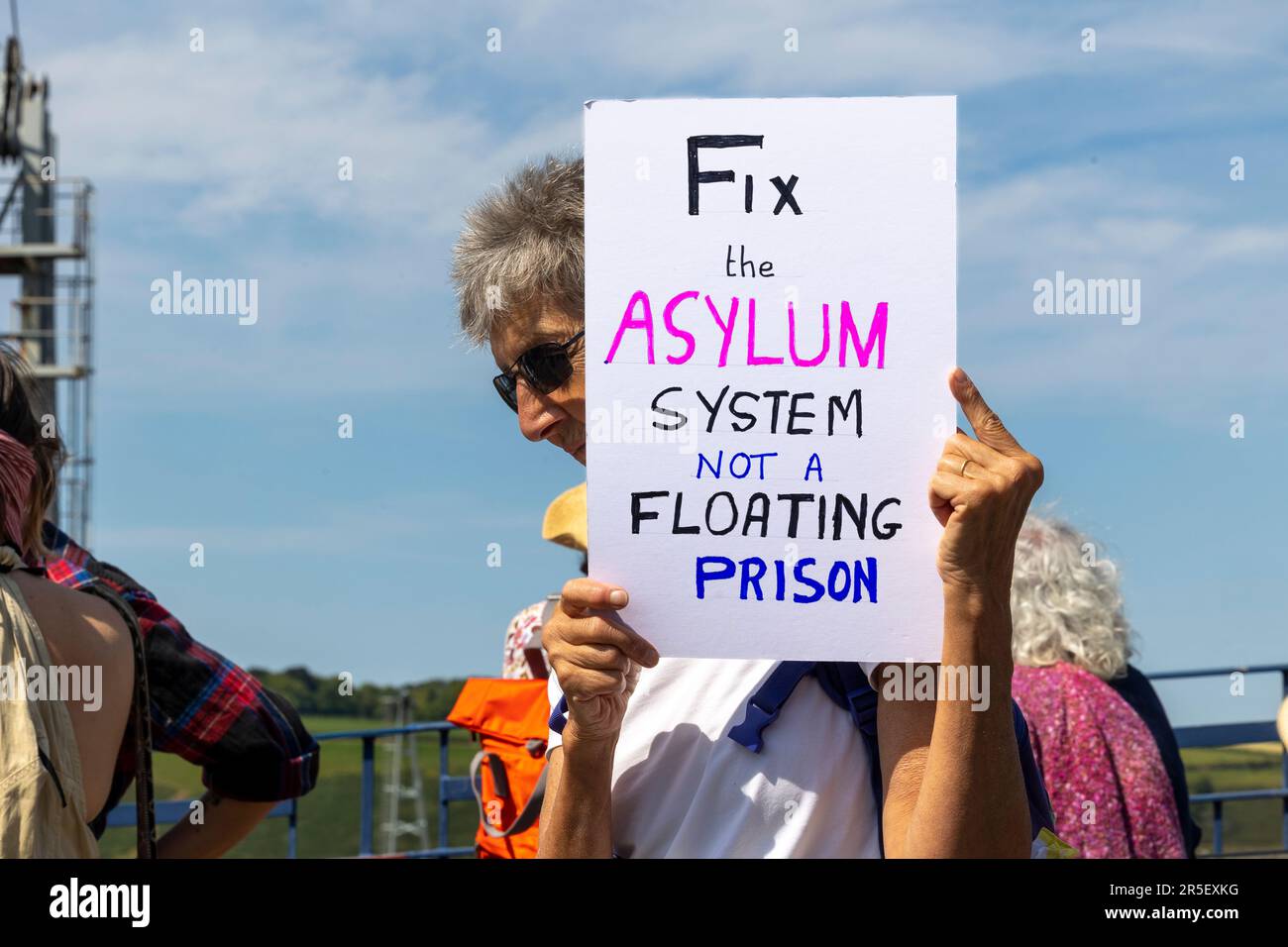 La protestation de Falmouth en 2nd contre la modification par AP du navire Bibby Stockholm pour accueillir 500 réfugiés Banque D'Images