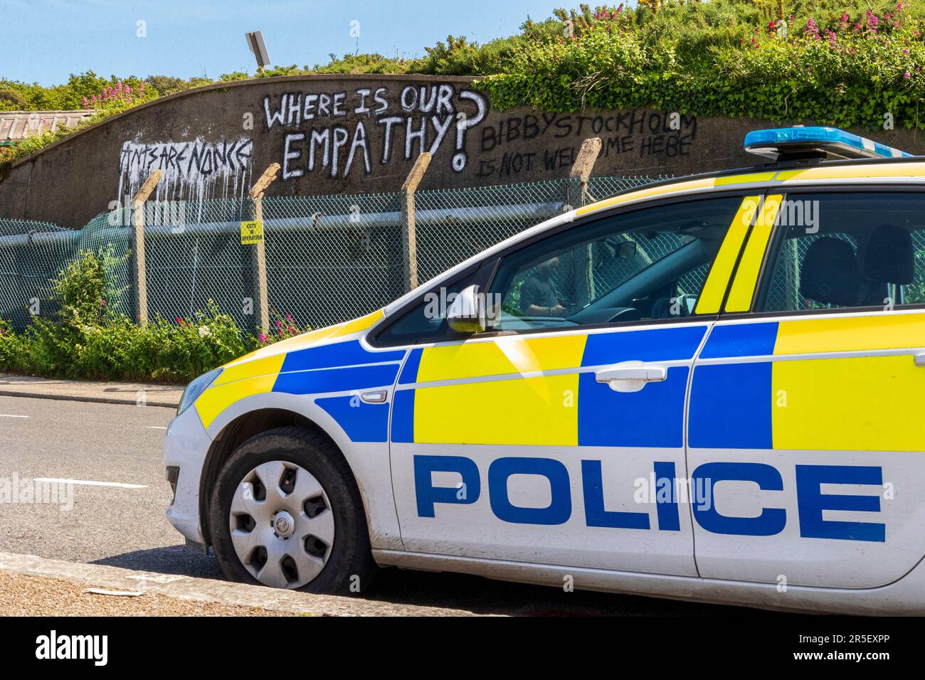 La protestation de Falmouth en 2nd contre la modification par AP du navire Bibby Stockholm pour accueillir 500 réfugiés Banque D'Images