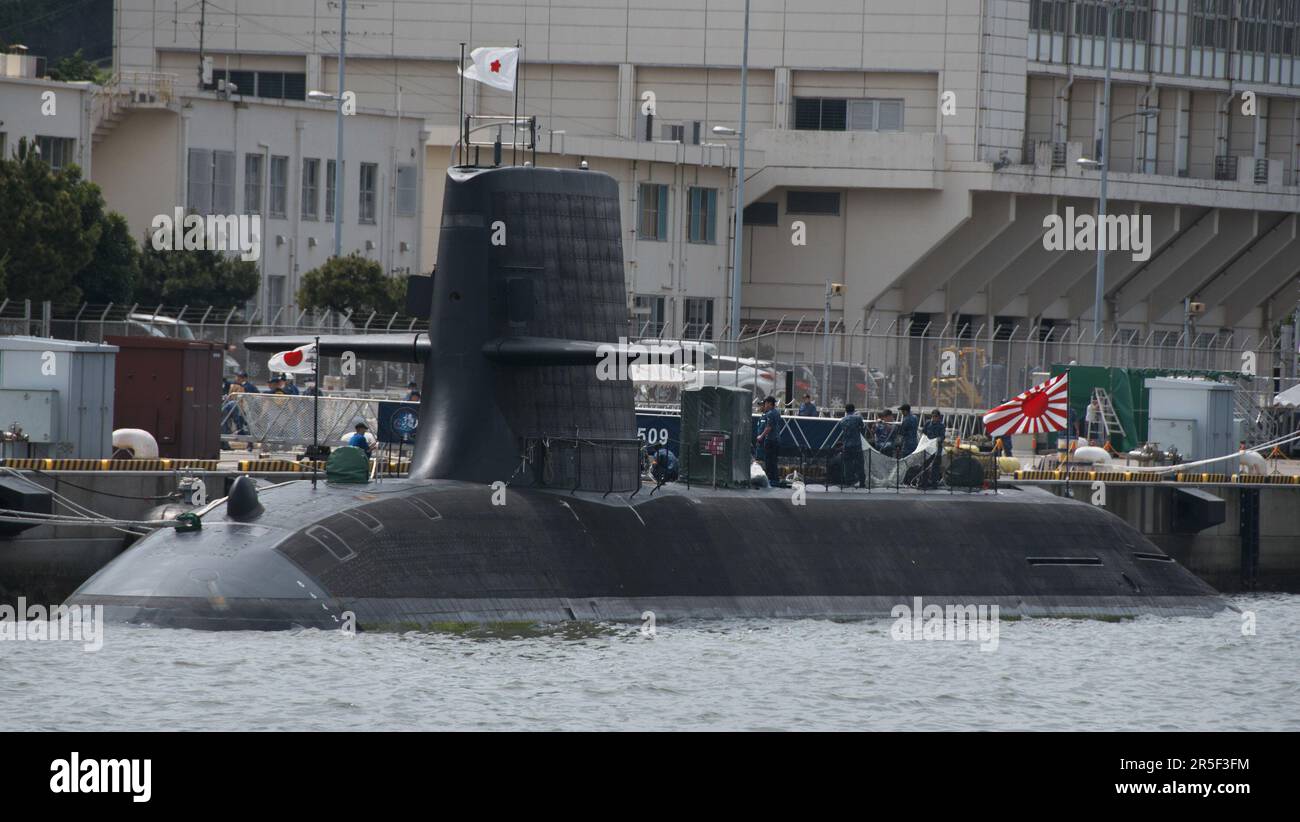 Yokusuka, Japon. 03rd juin 2023. Les sous-marins de la classe Soryu de la Force d'autodéfense maritime japonaise JS Seiryu (SS-509) sont ancrés dans les activités de la flotte (FLEACT) Yokosuka dans la préfecture de Kanagawa, au Japon, samedi, à 3 juin 2023. Photo par Keizo Mori/UPI crédit: UPI/Alay Live News Banque D'Images