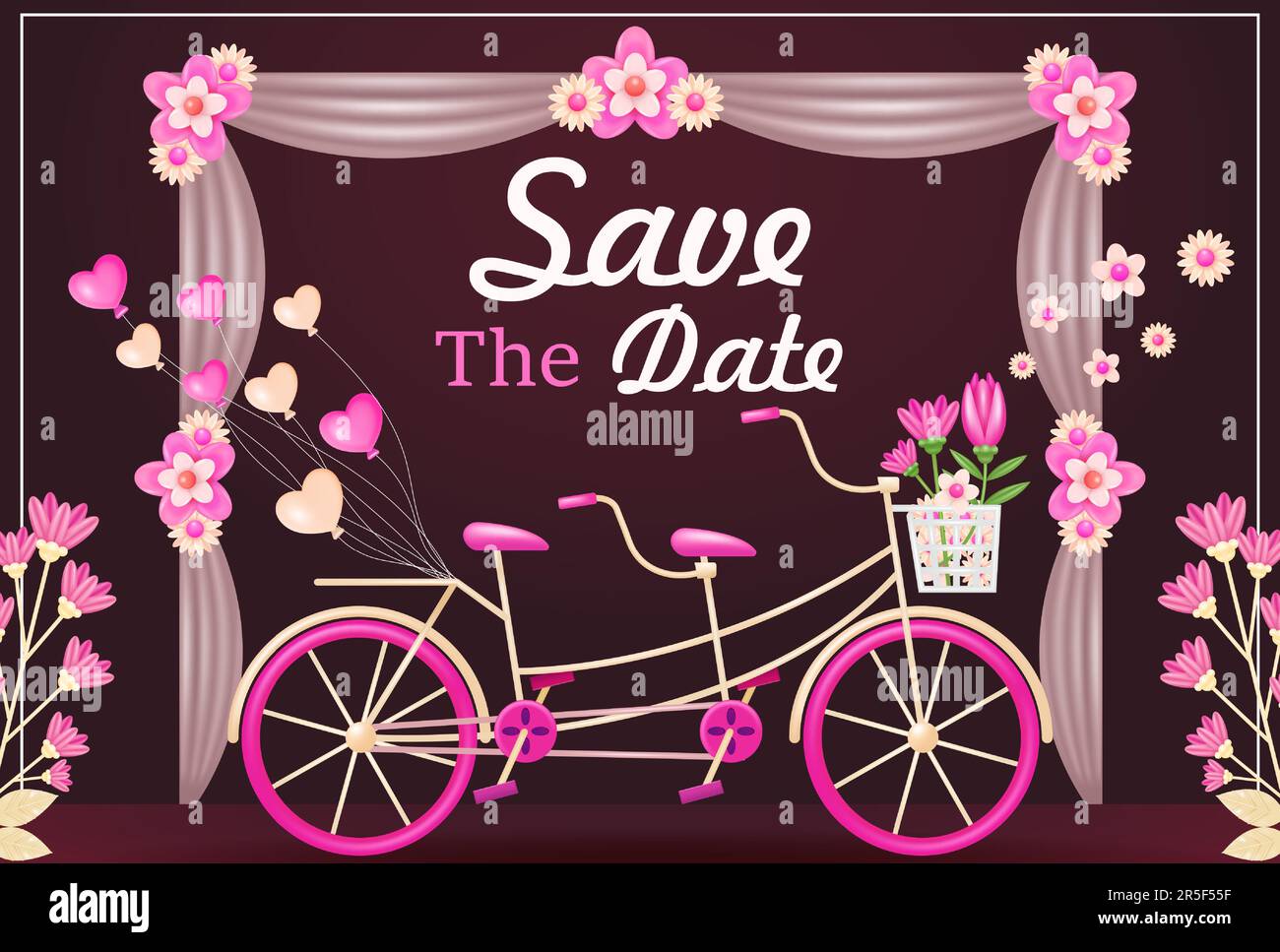 Invitation de mariage. 3d illustration d'un vélo double couple avec ballon fleur et coeur, carte moderne avec cadre floral rose et mariage de tissu Illustration de Vecteur