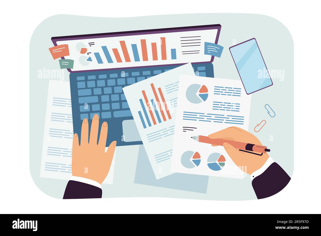 Vérification de la recherche de documents d'affaires par un analyste comptable Illustration de Vecteur