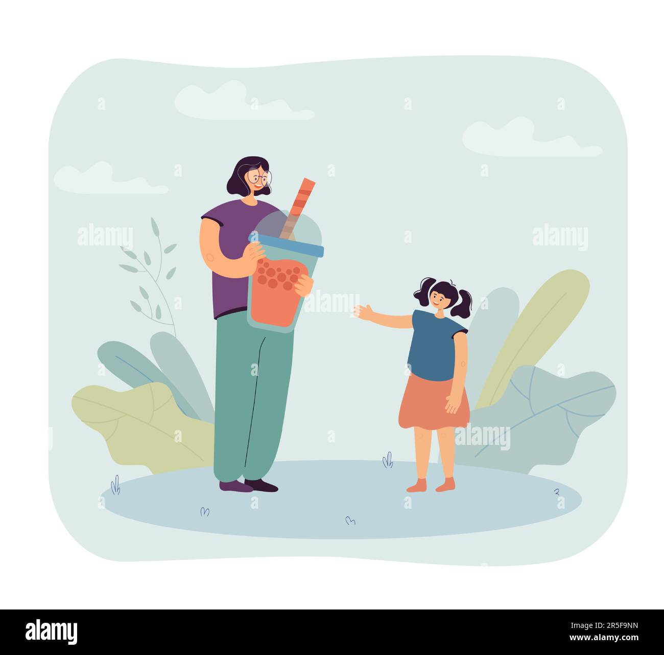 Mère donnant une énorme tasse de boba ou de thé moussant à sa fille Illustration de Vecteur