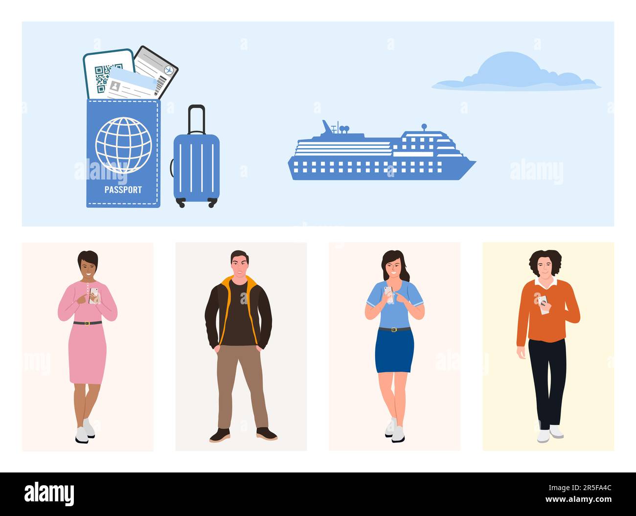 Touristes croisière bateau vacances été croisière Mer Voyage concept. Homme Femme aventure Tourisme bagages Passeport transport concept. Nous Illustration de Vecteur