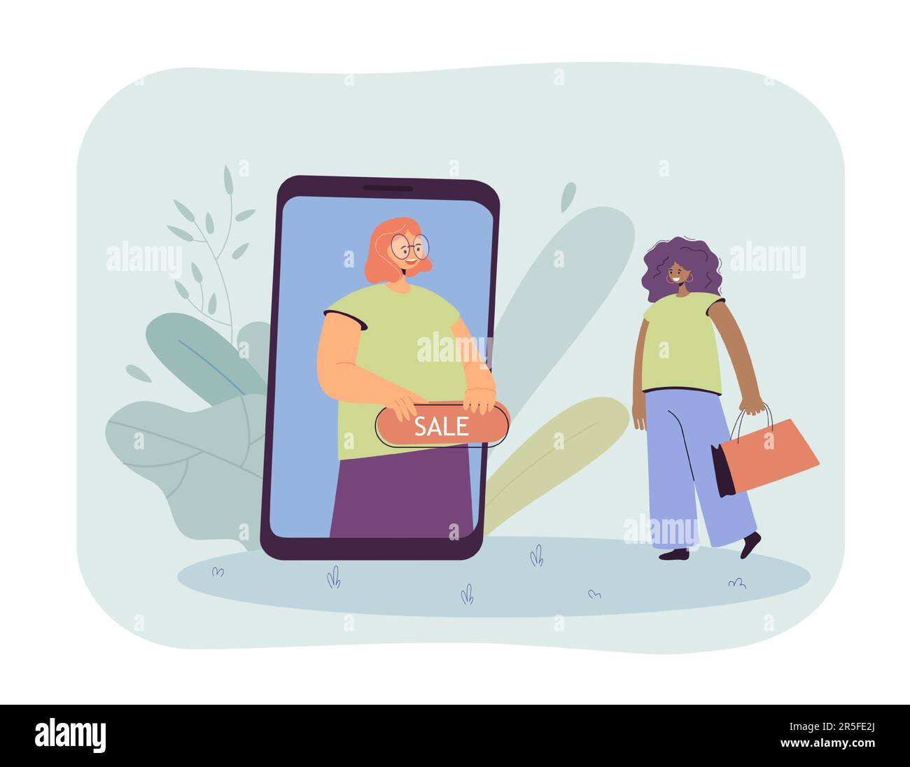 Assistant de boutique en ligne montrant la bannière de vente à la cliente féminine Illustration de Vecteur
