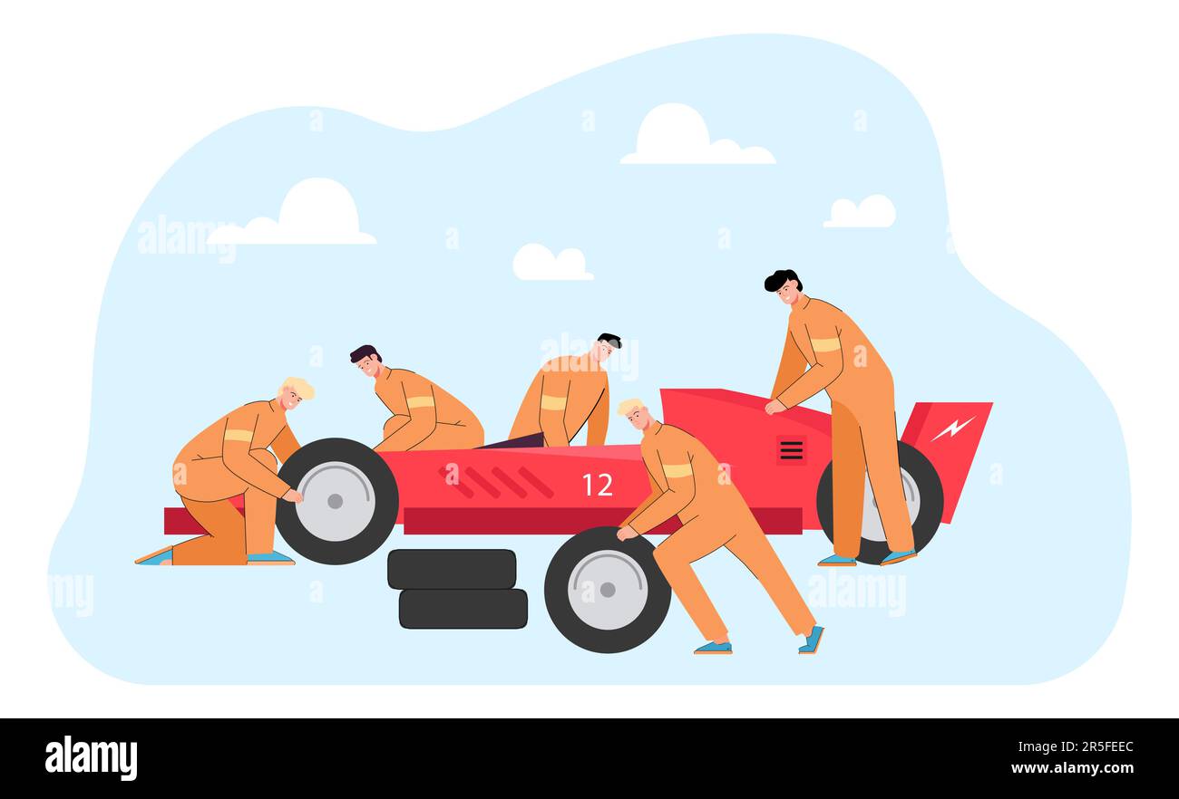 L'équipe d'entretien change les roues d'une voiture de course à l'arrêt de la fosse Illustration de Vecteur
