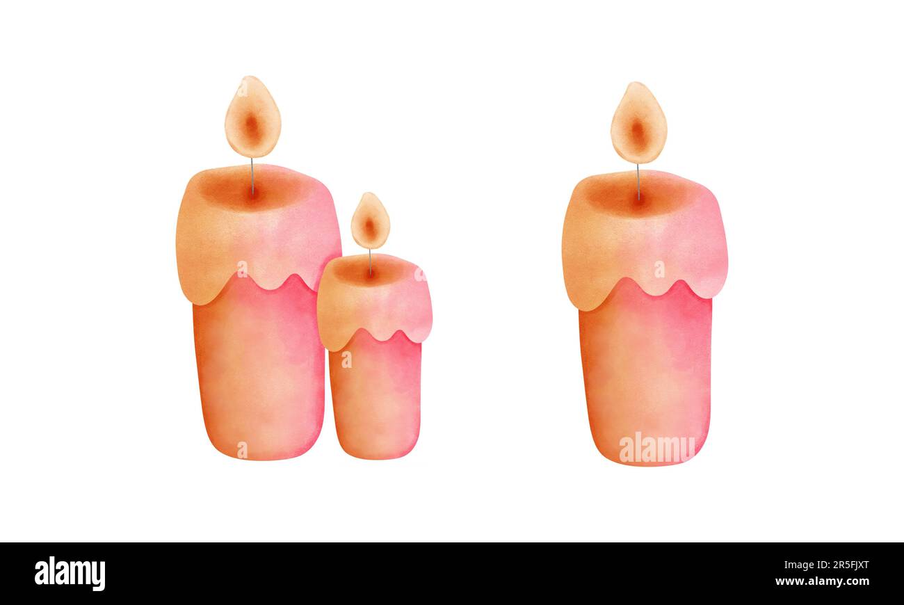 Ensemble de bougies couleur aquarelle clipart. Illustration de bougie rose et orange isolée sur fond blanc. Joyeux halloween, noël, invitation, accueil Banque D'Images