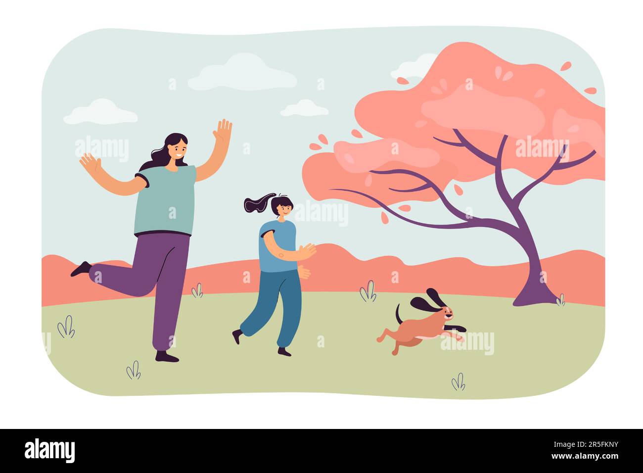 Bonne bande dessinée mère et fille courir après le chiot dehors Illustration de Vecteur