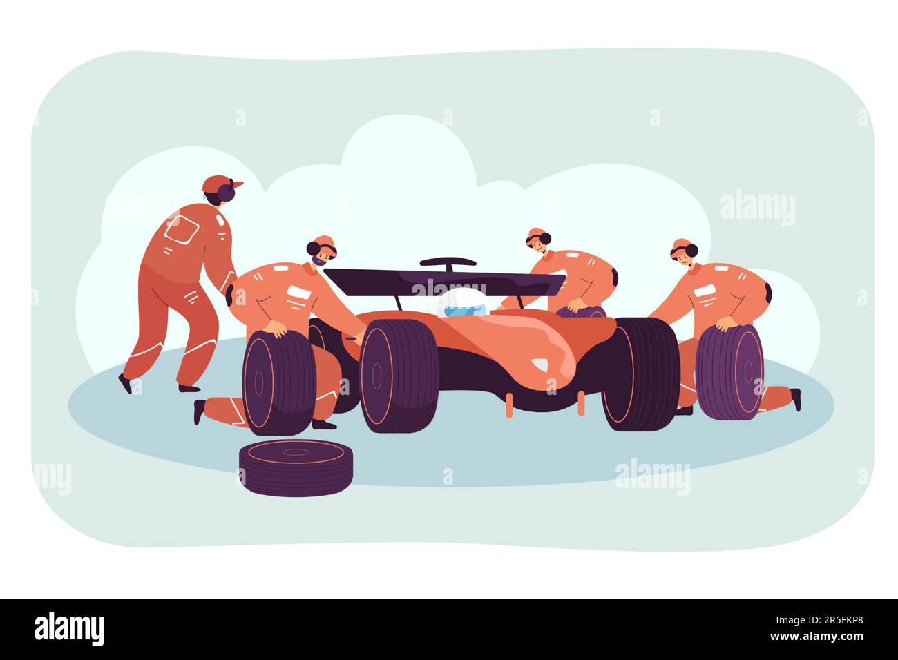 Équipe de mécaniciens réparant le wagon de course à l'arrêt de la fosse Illustration de Vecteur