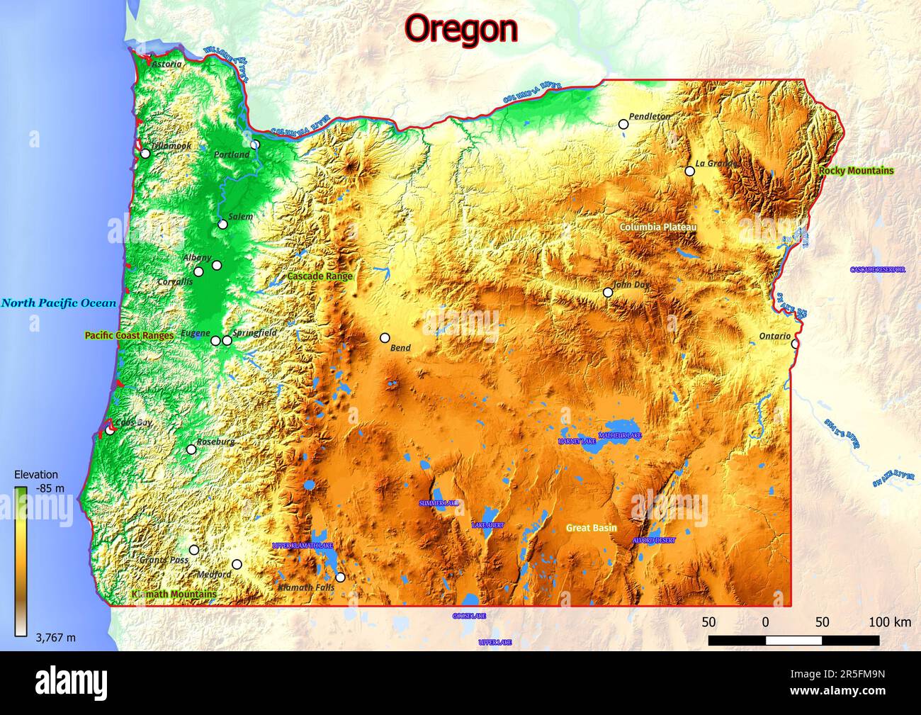 La carte physique de l'Oregon montre les caractéristiques de forme terrestre telles que les montagnes, les collines, les plaines, les ponts, les rivières, lacs Banque D'Images